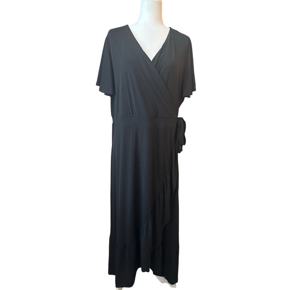 Lane Bryant Black Faux Wrap Dress XL Flutter Sleeve Ruffle Midi Plus Size - Picture 2 of 13